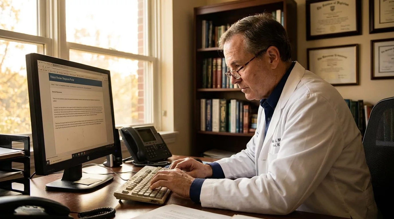 Medecin redige reponse constructive sur ordinateur